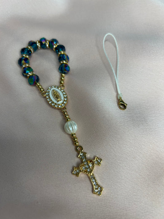 Dizainier doré et turquoise holographique, attache amovible pour téléphone The Delicate Rosary